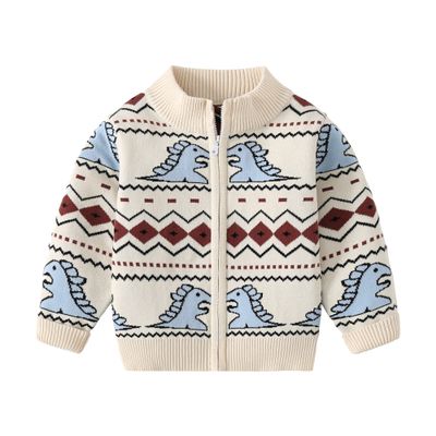 AQEACARMON Baby Boys Girls Button Up Cardigan Sweater Dinosaur Full-Zip Knit Sweater (2T Beige + Dinosaur(2 Layers Thickness))