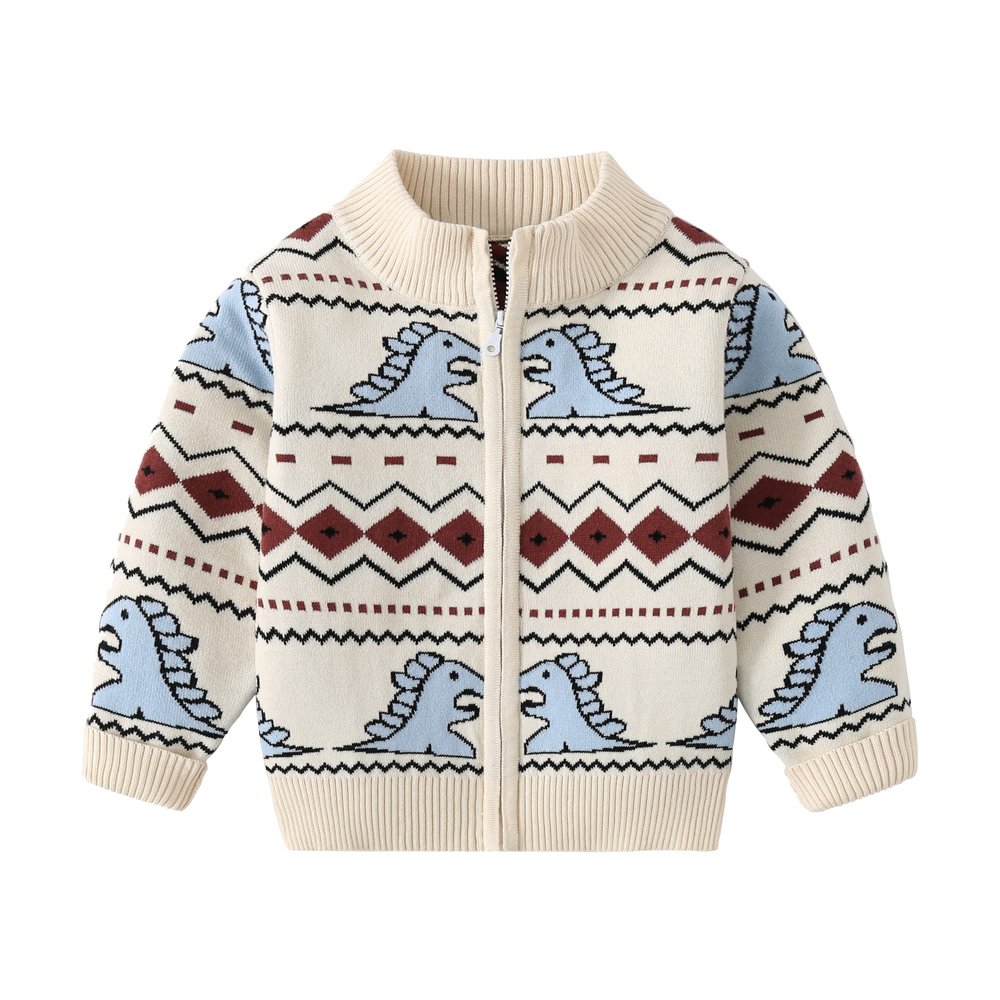 AQEACARMON Baby Boys Girls Button Up Cardigan Sweater Dinosaur Full-Zip Knit Sweater (2T Beige + Dinosaur(2 Layers Thickness))