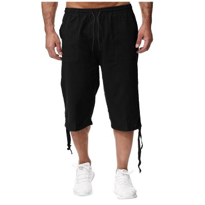 Maryia Men's Cotton Linen Lightweight Summer Beach Cropped Trousers Elastic Waist Casual Yoga Harem Capri Pants Joggers