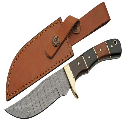 SZCO Supplies 9.75" Horn/Wood Handle Full Tang Damascus Steel Outdoor Hunting Knife With Sheath