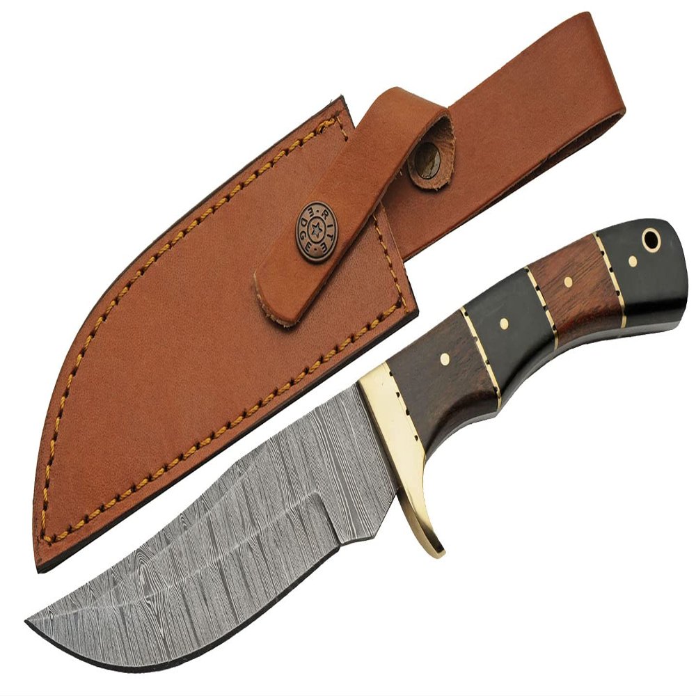 SZCO Supplies 9.75" Horn/Wood Handle Full Tang Damascus Steel Outdoor Hunting Knife With Sheath