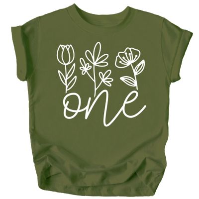 One Floral 1st Birthday Shirt for Baby Girls First Birthday Outfit White on Military Green Shirt 18 Months