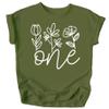 One Floral 1st Birthday Shirt for Baby Girls First Birthday Outfit White on Military Green Shirt 18 Months view 1