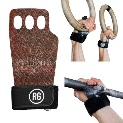 RooGrips 3 Finger Premium Leather Hand Grips for Crossfit, Pull Ups & Gymnastics & Weightlifting - The Most Durable Grip Support and Hand Protection from Rips and Blisters. (Size Small)