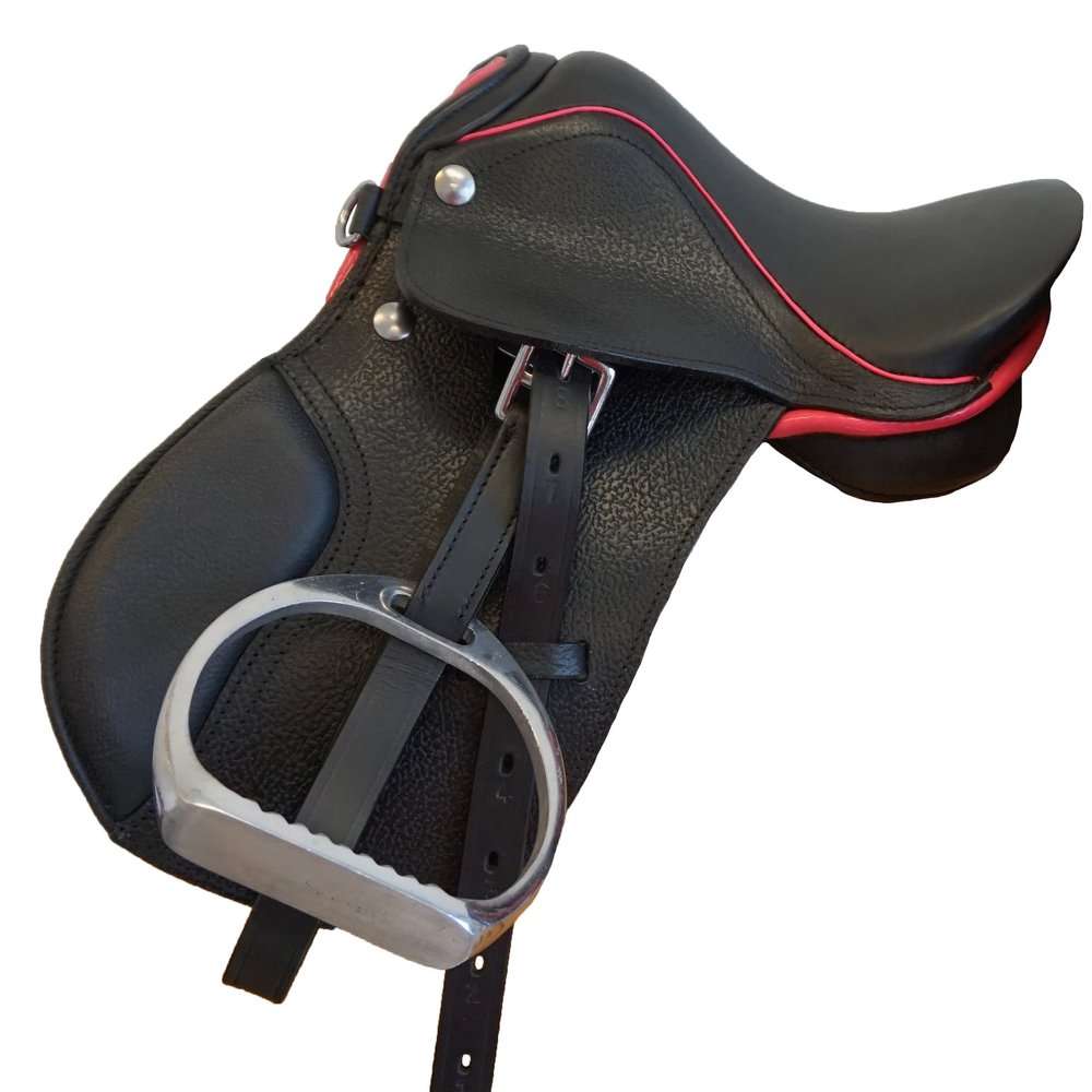 Equitem Leather Rocking Horse, Display or Dog English All Purpose Saddle with Leathers and Irons (Black with Pink)