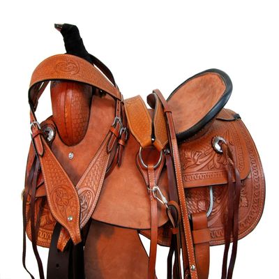 Brown Leather Western Roping Ranch Saddle 15 16 17 18 Tooled Horse TACK Set (18 Inch)