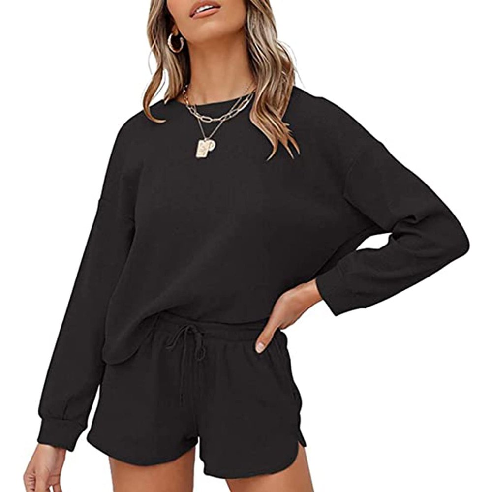 FMCHICO Girls Valentines Day Outfit Women's 2 Piece Knit Outfits Long Sleeve Solid Knit Sweatsuit Sweater Tops Shorts Sets Autumn Outfit Black