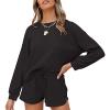 FMCHICO Girls Valentines Day Outfit Women's 2 Piece Knit Outfits Long Sleeve Solid Knit Sweatsuit Sweater Tops Shorts Sets Autumn Outfit Black view 1