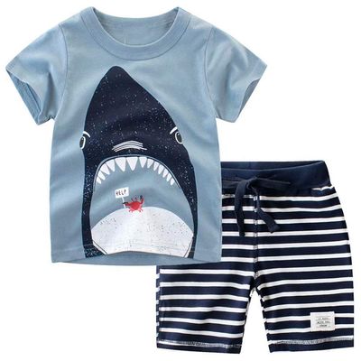 Banibear Little Boys 2 Pcs Summer Clothes Outfit, Short Sleeves Shark Print T Shirt Tops and Stripes Shorts Set, Blue, Size 6-7 Years (Tag 130)