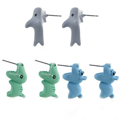 3Pairs Cute Cartoon 3D Dinosaur Bite Earring Set Lovely Handmade Lightweight Tyrannosaurus Shark Dog Hippo Animal Ear Stud for Women Party Holiday Jewely Gift-F shark
