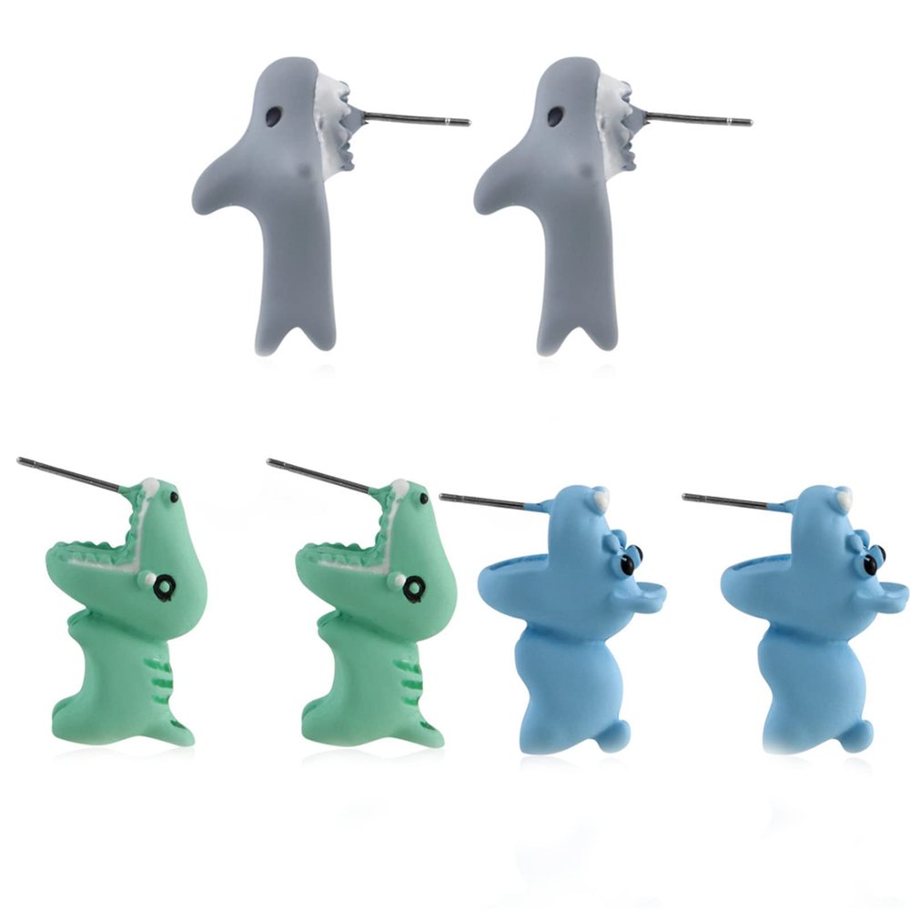3Pairs Cute Cartoon 3D Dinosaur Bite Earring Set Lovely Handmade Lightweight Tyrannosaurus Shark Dog Hippo Animal Ear Stud for Women Party Holiday Jewely Gift-F shark