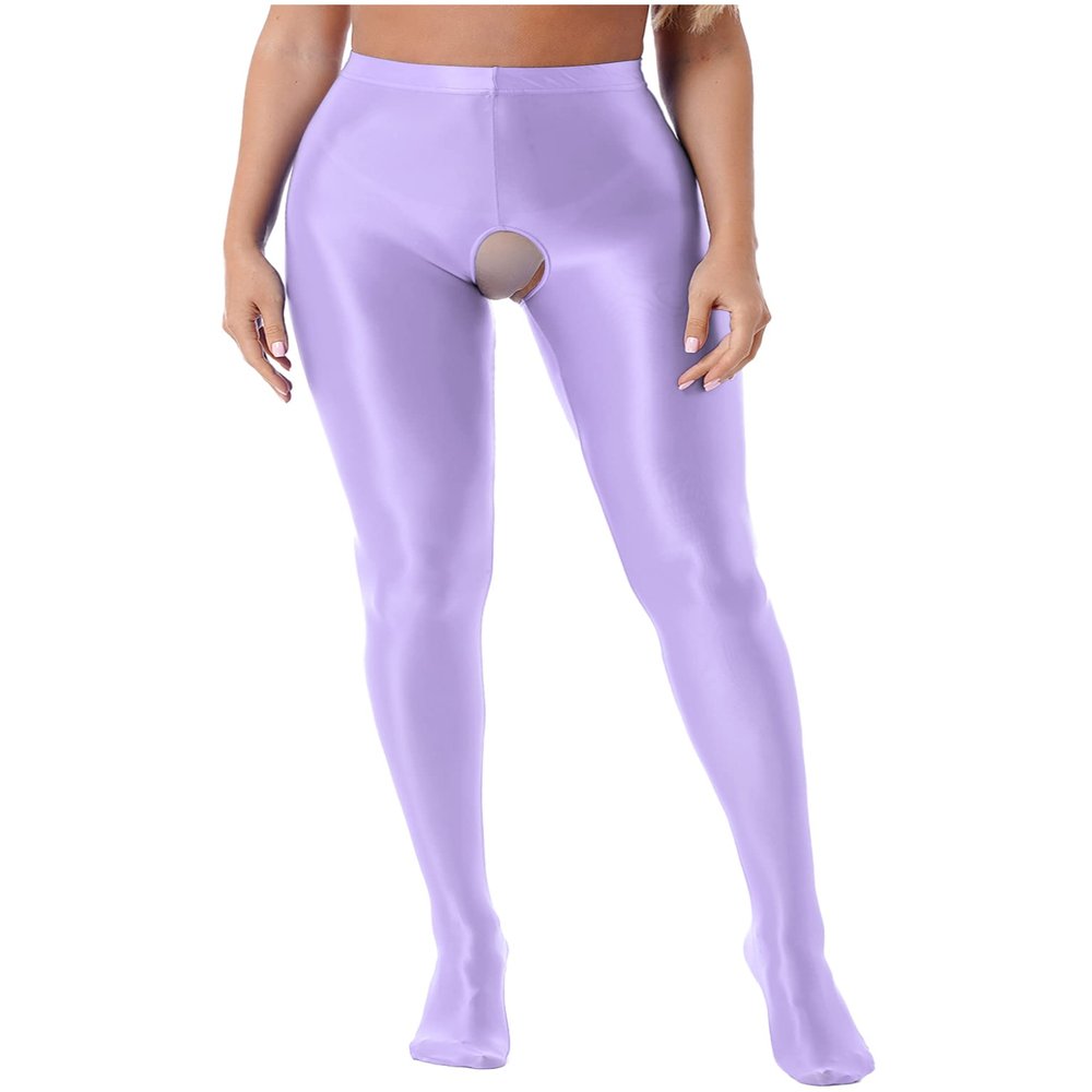 Lejafay Women Shiny Oil Pantyhose Footed Silk Stockings Ultra Shimmery High Waist Translucent Tights Light Purple Large