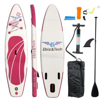 EBIZ&TECH Inflatable Stand Up Paddle Board 10'6'' *32''*6'' Ultra-Light SUP Paddle Board with Fins,Adjustable Paddle, Backpack, Leash, Hand Pump, Repair Kit (Pink)