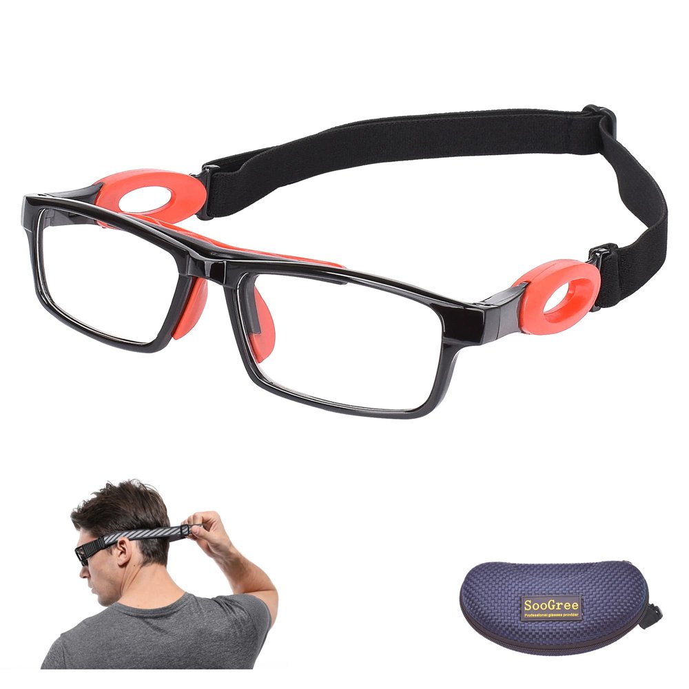 SooGree Sport Safety Goggles Glasses Racquetball Basketball Goggles Sports Eyewear Protective Glasses Lens Replaceable Scratch Resistant Protective Eyewear (8040 Black frame Red pad)