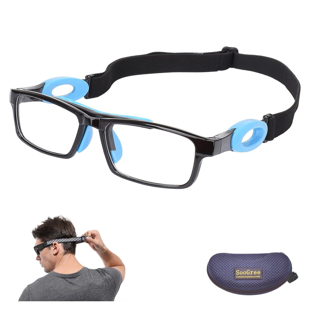 SooGree Sport Safety Goggles Glasses Racquetball Basketball Goggles Sports Eyewear Protective Glasses Lens Replaceable Scratch Resistant Protective Eyewear (8040 Black frame Blue pad)