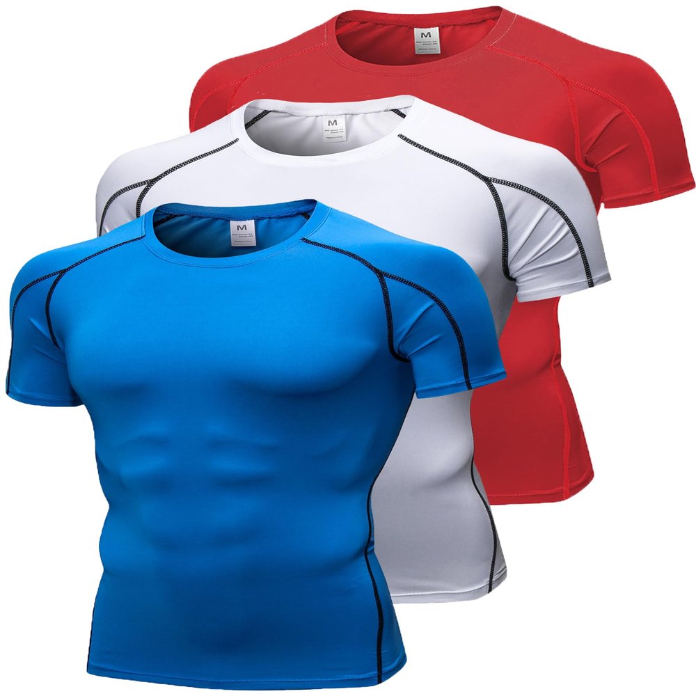 3 Pack Men's Compression Shirts Short Sleeve Workout T-Shirt Cool Dry Undershirts Baselayer Sport Cool Shirt Running Tops