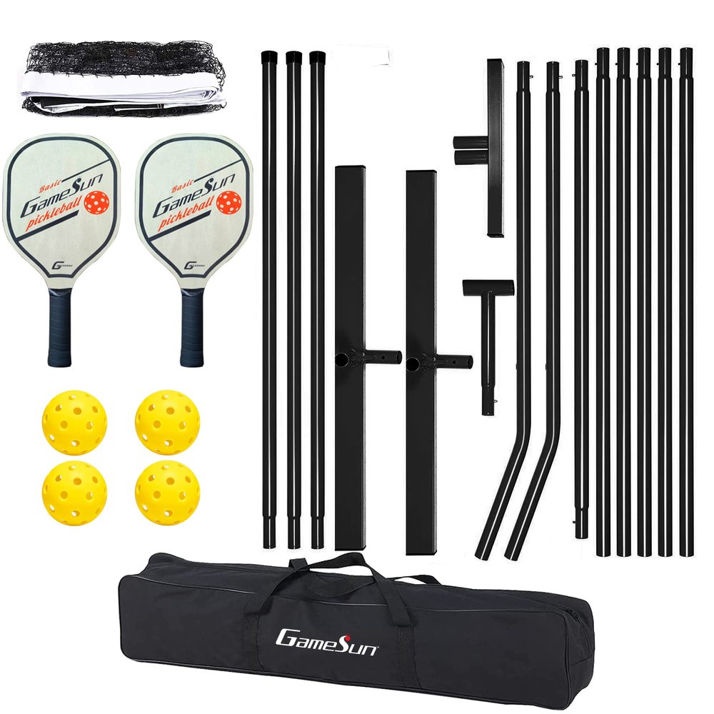 GAMESUN Complete Pickleball net Set for Outdoor, Indoor, Backyard use, Includes Metal Frame, 22 Feet PE net, Paddles, Balls,Carry Bag