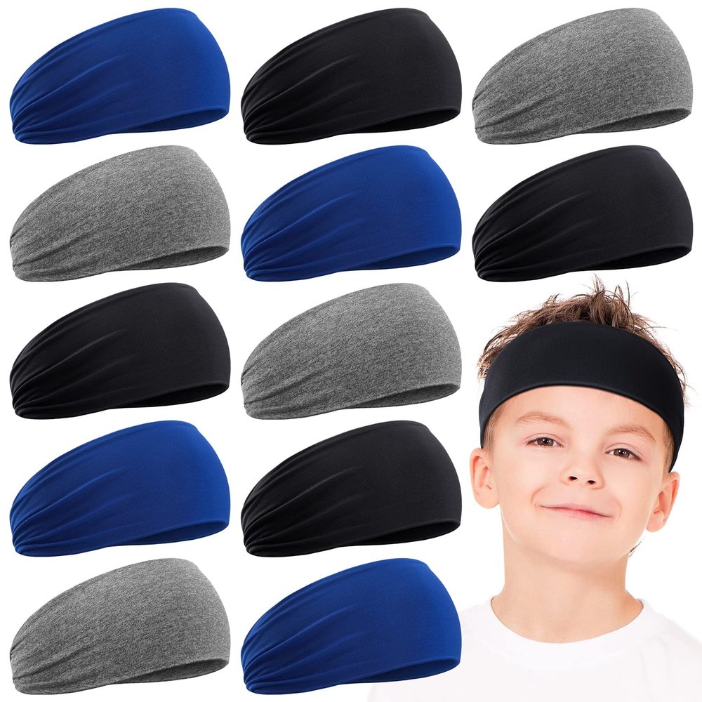 12 Pieces Soft Athletic Wicking Elastic Hairbands for Kids - 16 Inch Headbands for Sports, Girls and Boys (Black, Gray, Blue)