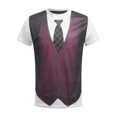 YONGHS Mens Fake Tuxedo T-Shirt Short Sleeve Printed Vest Tie Tux Shirt Fancy Dress Costume Shirt Burgundy 3X-Large