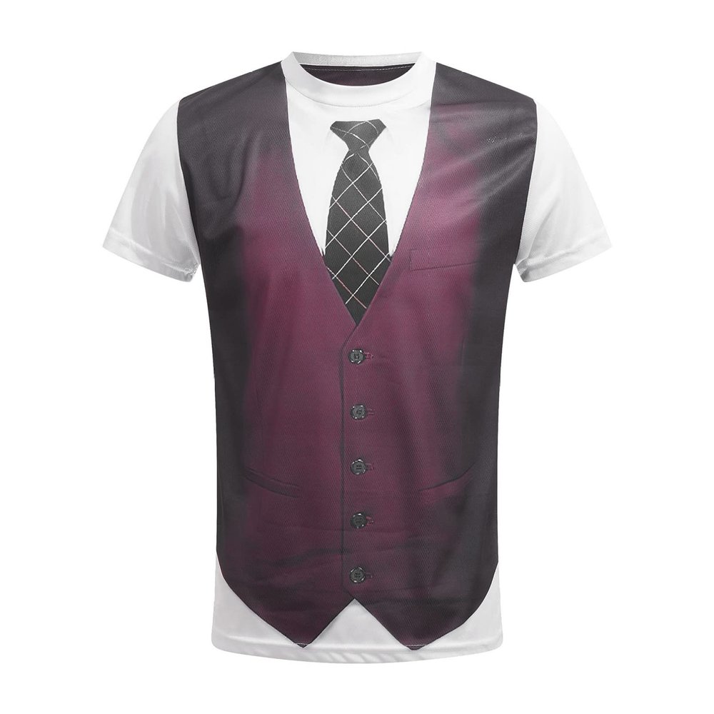 YONGHS Mens Fake Tuxedo T-Shirt Short Sleeve Printed Vest Tie Tux Shirt Fancy Dress Costume Shirt Burgundy 3X-Large