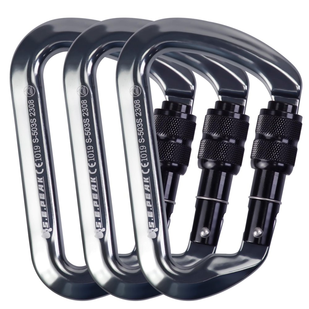 SEPEAK UIAA CE 30kN Locking Climbing Carabiner, Professional Heavy Duty Screwgate Clip for Outdoor Climbing, Mountaineering, Rappelling, Camping, Hiking, Swing, Large D Carabiner Hook/6744lbs,3pc