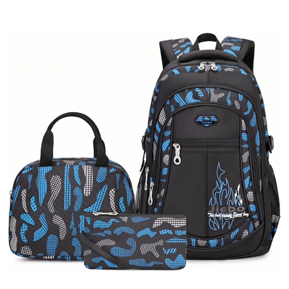 3Pcs Camo-Print Primary School Backpack and Lunch-Bag Set for Boys Camouflage Elementary Bookbag Rucksack Waterproof