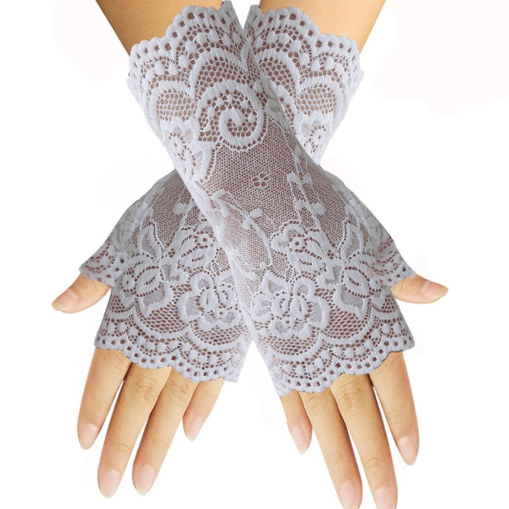 Monochef Women's Lace Fingerless Floral Gloves - Sunblock, Bridal, Evening, Wedding, Tea Party, Prom, Cosplay, 1920s - Black