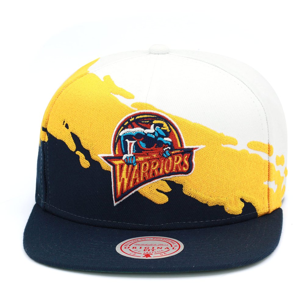 Mitchell & Ness Golden State Warriors Paintbrush Snapback Hat Adjustable Cap HWC - Yellow/Navy/White, One Size