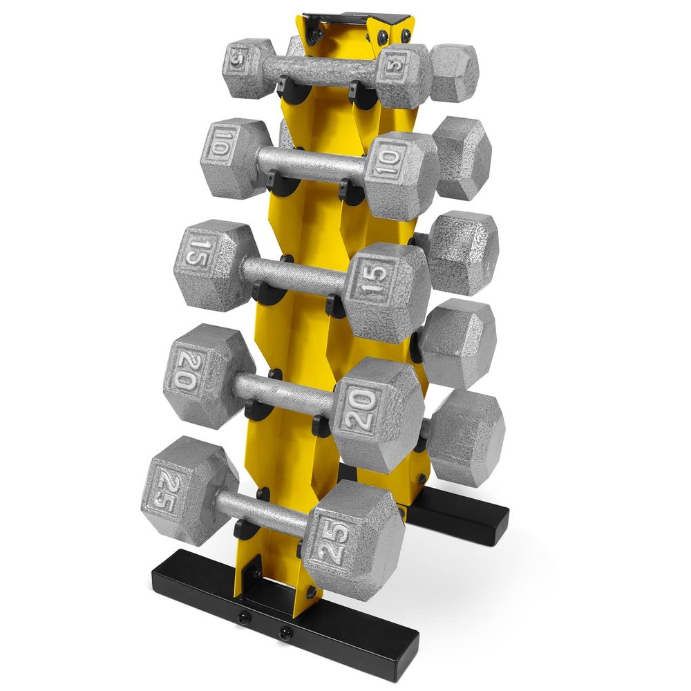 WF Athletic Supply 5-25 Lb Cast Iron Dumbbells Set with A Frame Storage Rack, Solid Gray/Black Hexagon Free Weights for Weight Lifting & Strength Training, Storage Rack Color Options Available