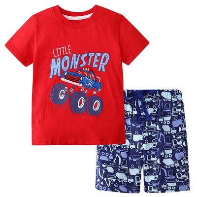 Banibear Little Boys Car Print Short Sleeve Tees and Plaid Shorts Set Two Pieces Clothing Outfit, Red, Size 7-8 Years