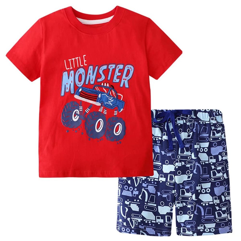 Banibear Little Boys Car Print Short Sleeve Tees and Plaid Shorts Set Two Pieces Clothing Outfit, Red, Size 7-8 Years
