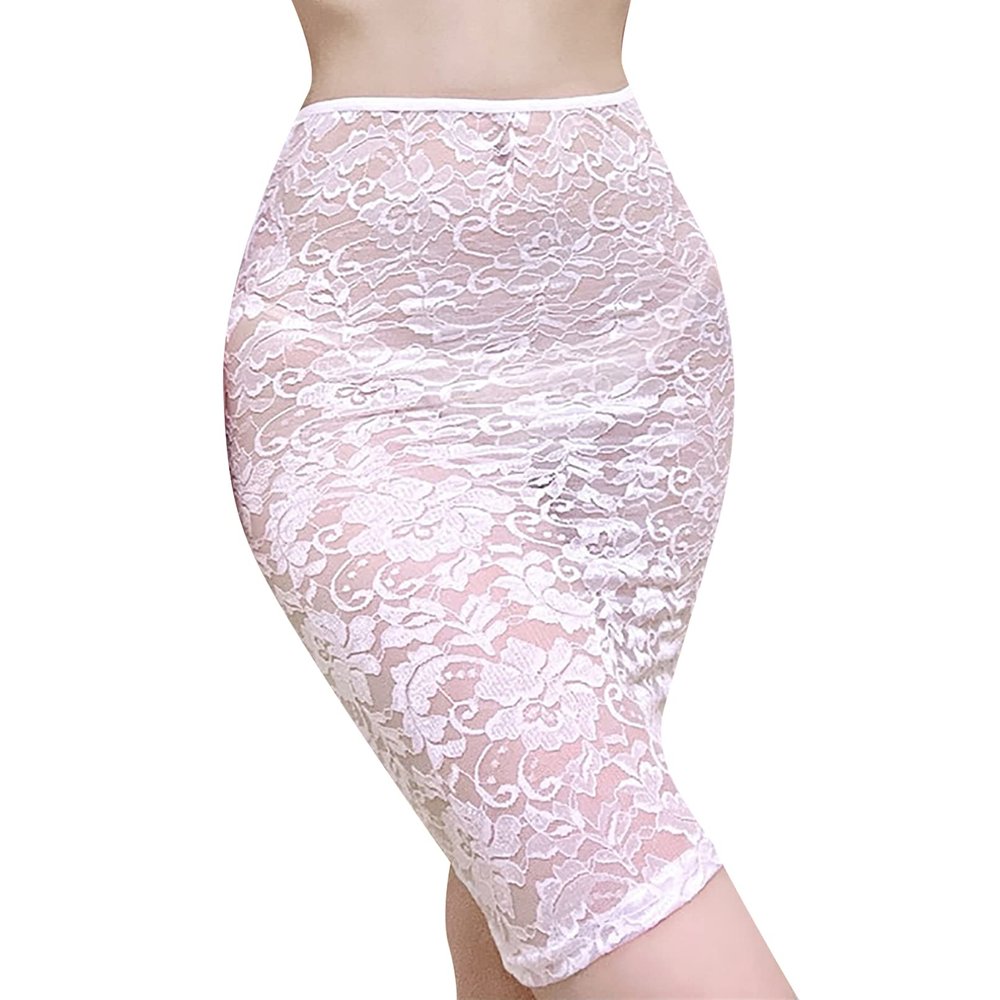 Linjinx Women's Micro Mini Hip Skirt Lace Semi Transparent Bodycon Short Skirt Sheer Stretchy Ultrashort Skirts White B One Size
