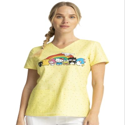Tooniforms Women Scrubs Top Shaped V-Neck Print TF772, XXS, Under The Rainbow