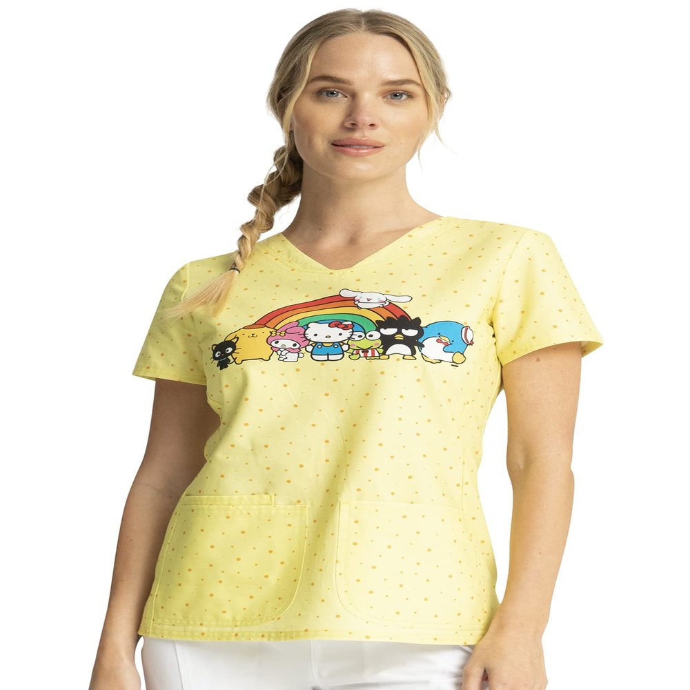 Tooniforms Women Scrubs Top Shaped V-Neck Print TF772, XXS, Under The Rainbow