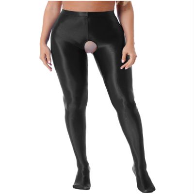 Hularka Women's Oil Glossy Footed Leggings Nylon Spandex Tights Opaque High Waist Pantyhose Pants Black Large