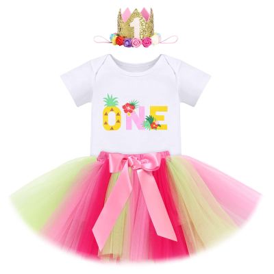Baby Girls 1st Birthday Outfit Pineapple One Romper Tutu Skirt Sequin Crown Headband 3PCS Infant Princess First Birthday Summer Bowknot Tutu Dress Cake Smash Clothes Set Yellow - Pineapple One 1 Year