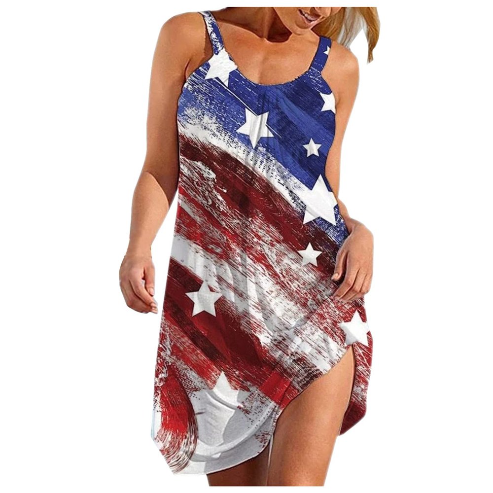 Summer Beach Dresses for Women Casual American Flag Patriotic Dress Sleeveless Vintage Graphic Vacation Party Sundresses A-Blue