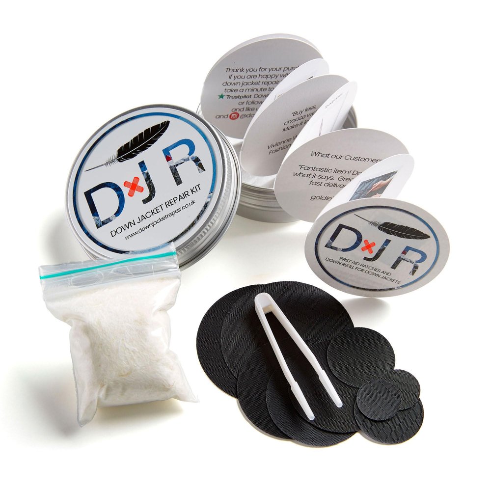 DJR KIT-in-A-TIN - Repair Patches and Goose Down Top-Up for Down Jackets and Sleeping Bags (Black)