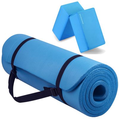 Fitvids All Purpose 1/2-Inch Extra Thick High Density Anti-Tear Exercise Yoga Mat with Carrying Strap and Yoga Blocks, Blue