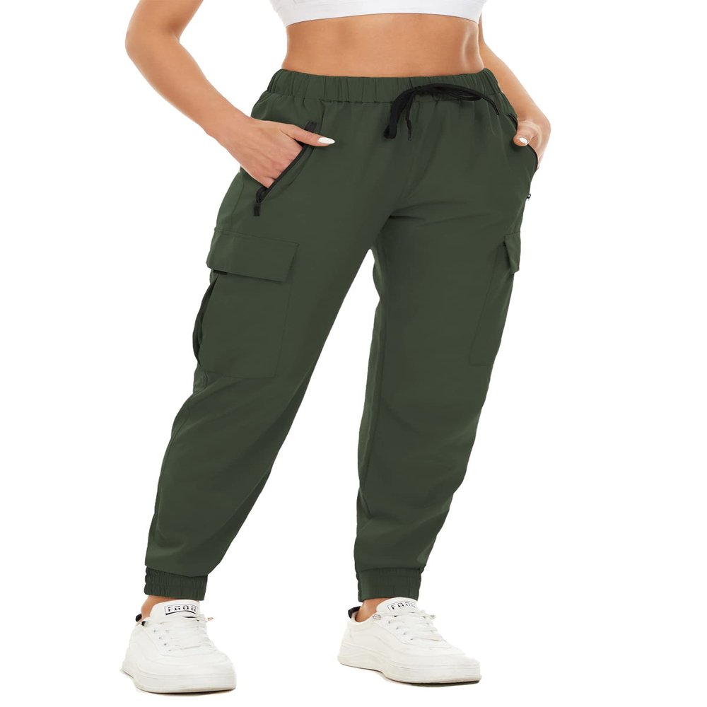 NEYOUQE Women's Cargo Joggers - Quick Dry Gym Pants with Elastic Waist - Army Green XS