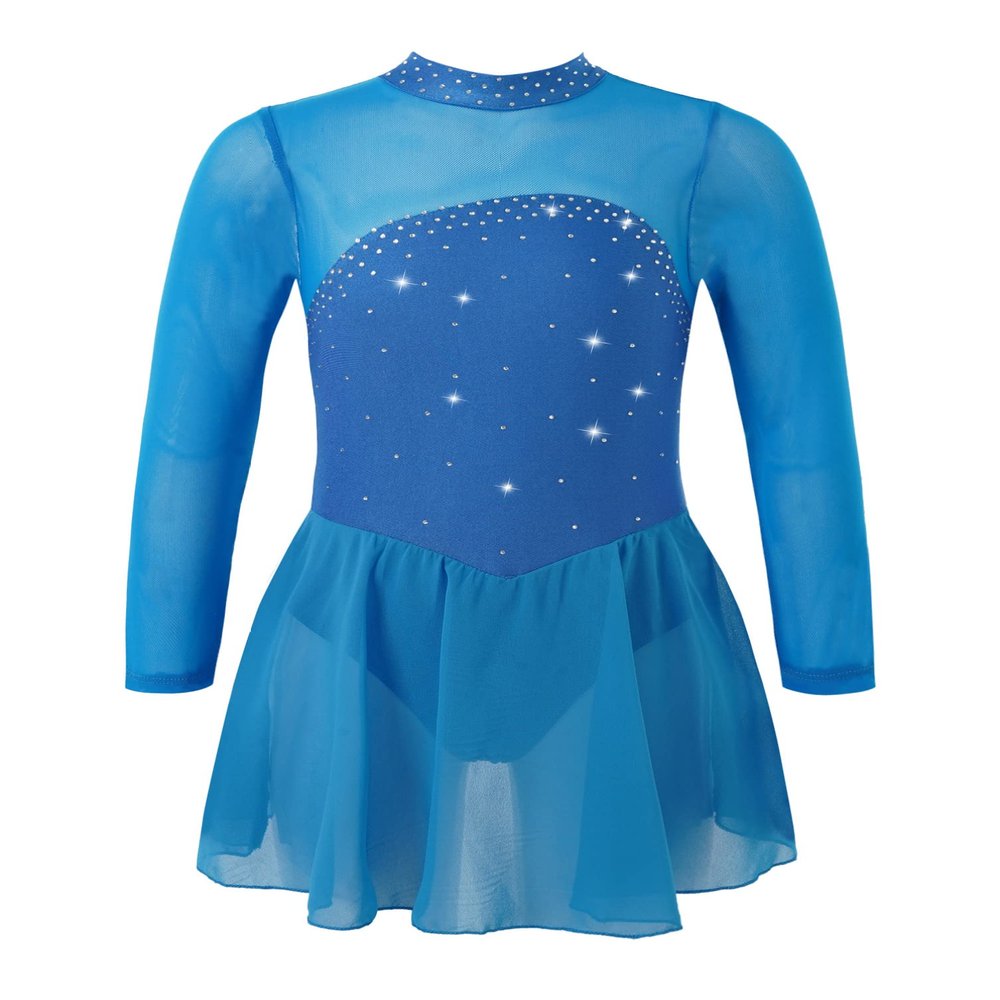 winying Kids Girls Sparkling Mock Neck Long Sleeves Balle Dance Gymnastic Leotard Ice Figure Skating Dress Sky Blue C 16 Years