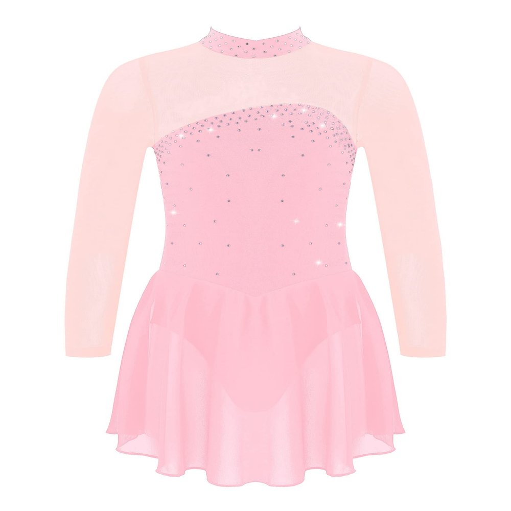 Oyolan Kids Girls Mesh Splice Skater Figure Ice Skating Dress Gymnastic Lreotard Athletic Ballet Dancewear Pink B 10 Years