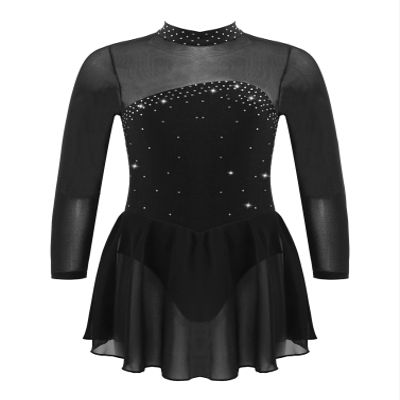 winying Kids Girls Sparkling Mock Neck Long Sleeves Balle Dance Gymnastic Leotard Ice Figure Skating Dress Black C 12 Years