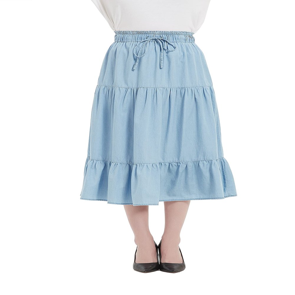 Tronjori Womens A Line Long Midi Denim Skirt Tired Pleated Layers Elastic Waist Front Drawstring(M, Light Blue)