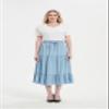 Tronjori Womens A Line Long Midi Denim Skirt Tired Pleated Layers Elastic Waist Front Drawstring(M, Light Blue) view 2