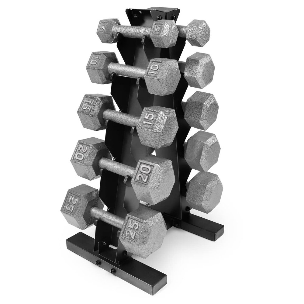 WF Athletic Supply 5-25 Lb Cast Iron Dumbbells Set with A Frame Storage Rack, Solid Gray/Black Hexagon Free Weights for Weight Lifting & Strength Training, Storage Rack Color Options Available