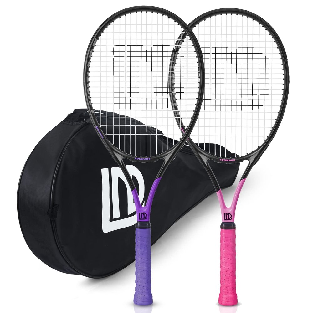 LUNNADE Adults Tennis Racket 2 Pack, Durable 27 Inch Coupled Tennis Racquet Light-Weight, Pre-Strung and Regrip, Suitable for Beginners to Intermediate Players