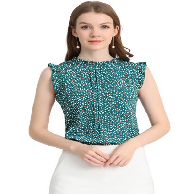 Allegra K Floral Sleeveless Blouses for Women's 2025 Trendy Summer Ruffled Dressy Casual Top Medium Blue Green-Floral