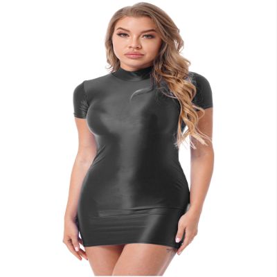 Moily Womens Bodycon Dress Glossy Wet Look Short Sleeve Mock Neck Rave Party Dress Clubwear Black Large