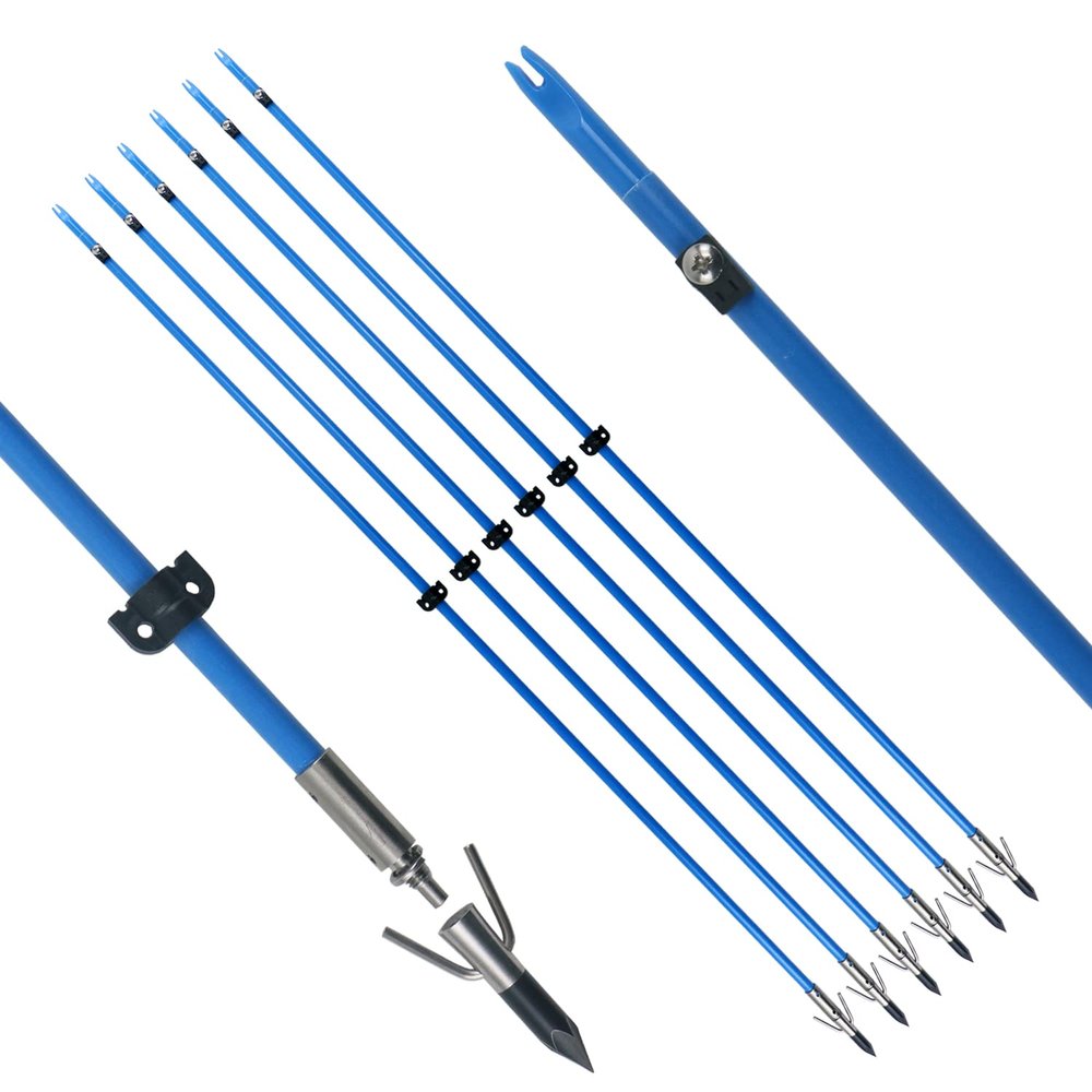 TIGER ARCHERY 34inch Bowfishing Arrows Solid Fiberglass Shaft with Broadhead for Compound Bow and Recurve Bow Fishing Arrow Archery and Hunting (Pack of 6) (Blue)